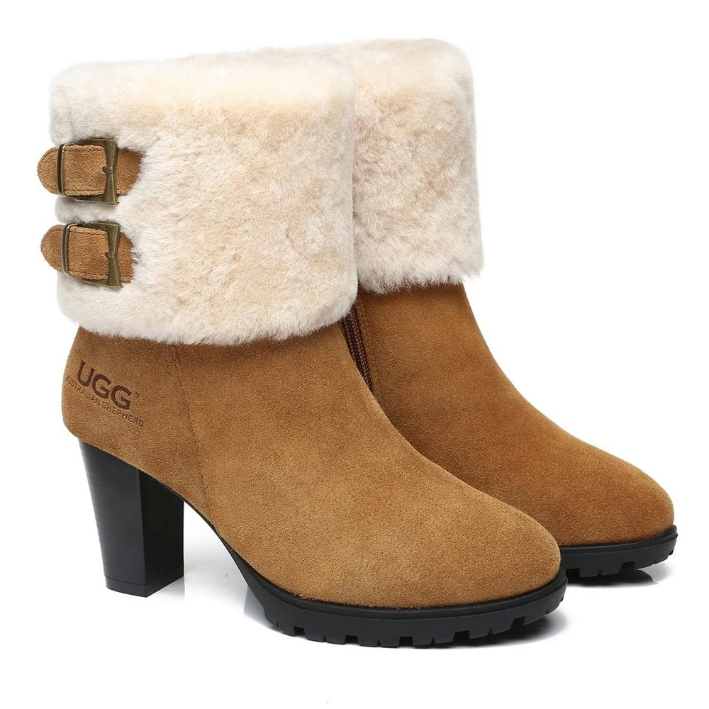 UGG Size 4 Tan Heeled Boots with Cream Fur